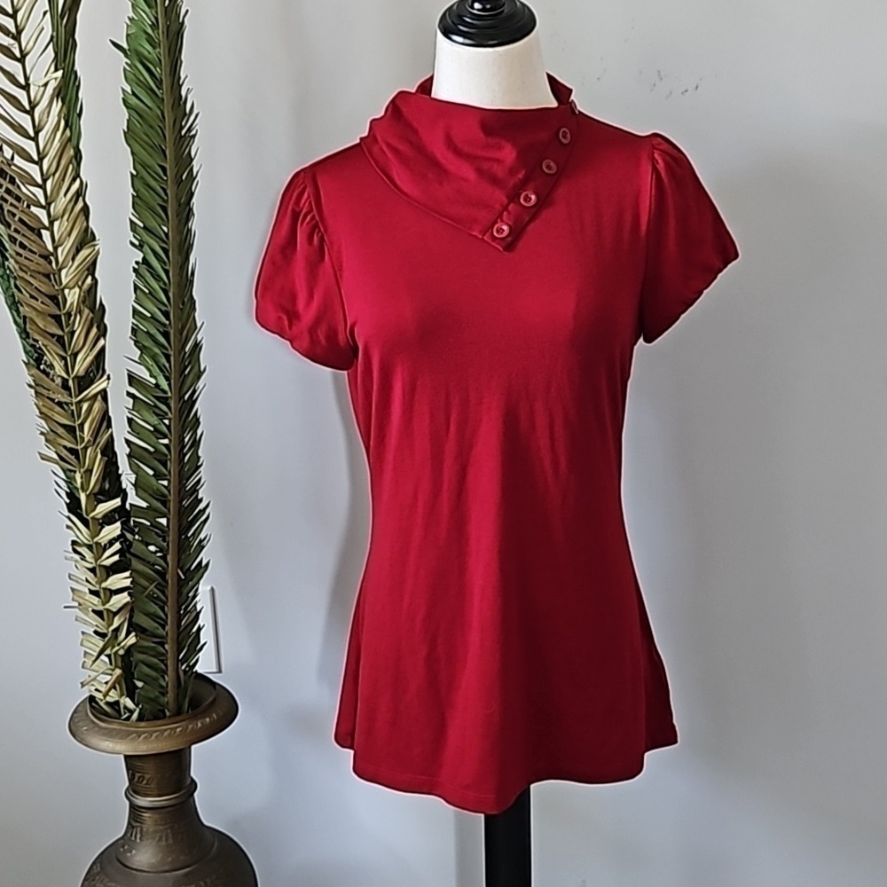 Maurices Dark Red Fold Over Turtleneck Short Sleeve Blouse